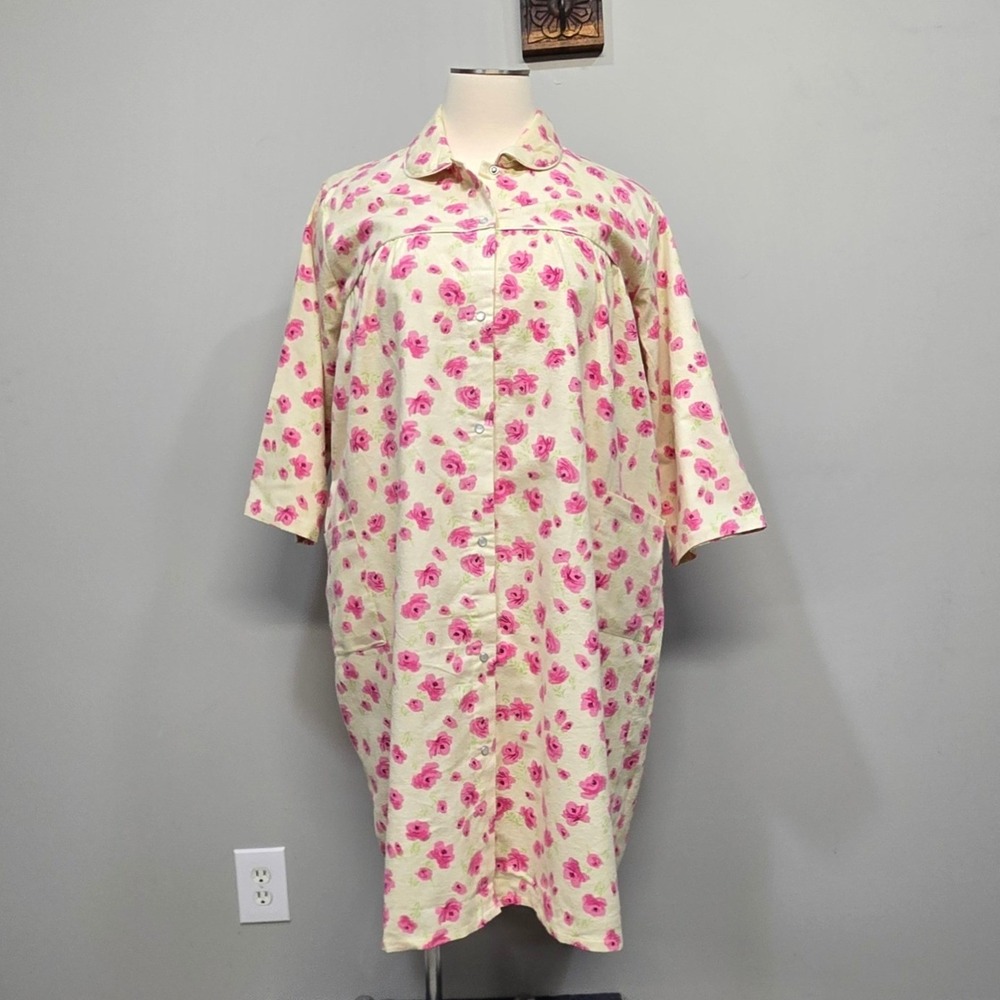 Traditional Flannel Housecoat Robe Plus Size 3X Pink Floral Snap Front Cottage